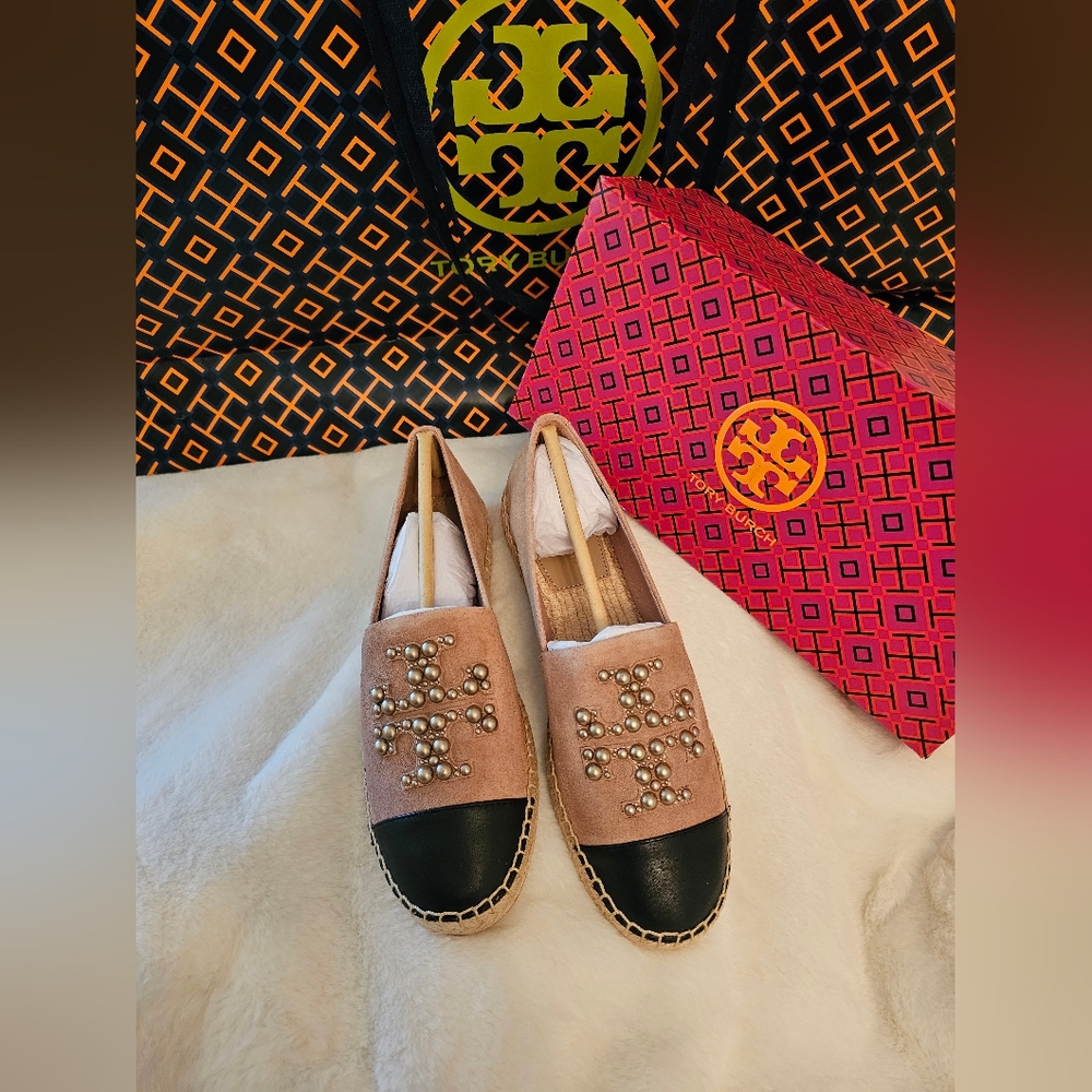00224- NEW! TORY BURCH PEARL LOGO FLAT ESPADRILLE SENSORY MFO-SUEDE- - Picture 5 of 11